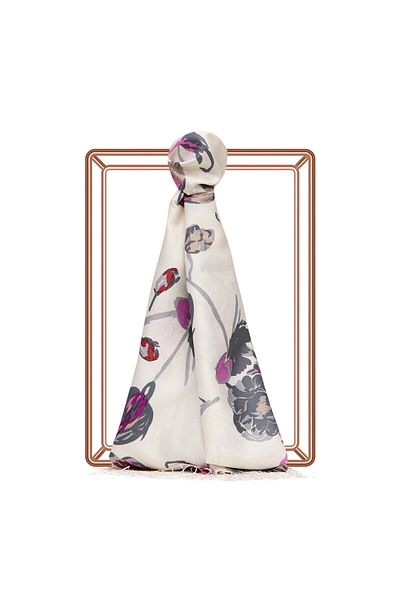 ipekevi White Smoked Göksu Sefasi Patterned Silk Shawl