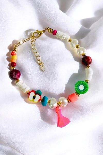 PETEK AKSESUAR Apple and Fruit Patterned Fimo Bracelet - Natural Stone Detailed
