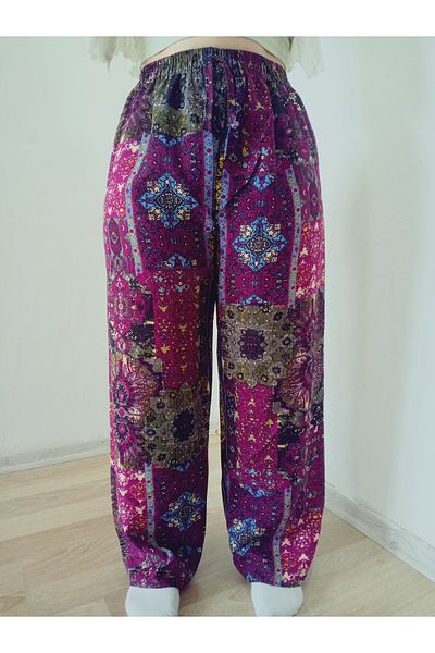 hoaryage Ethnic Patterned 100% Cotton Viscose Pants with Elastic Waist