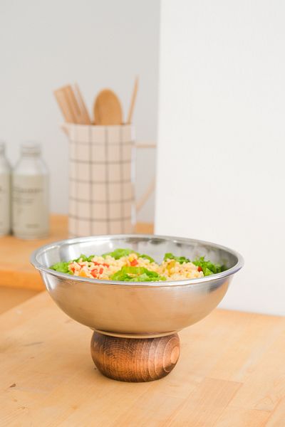 Beige & Stone Steel 22 cm Salad Contraceptive Fruit Presentation Bowl with Wooden Legs