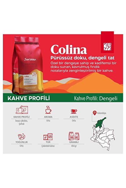 JUAN VALDEZ Colina Premium Selection Çekirdek Kahve 454gr, Orta Kavrulmuş Kolombiya Kahvesi, %100 Peaberry