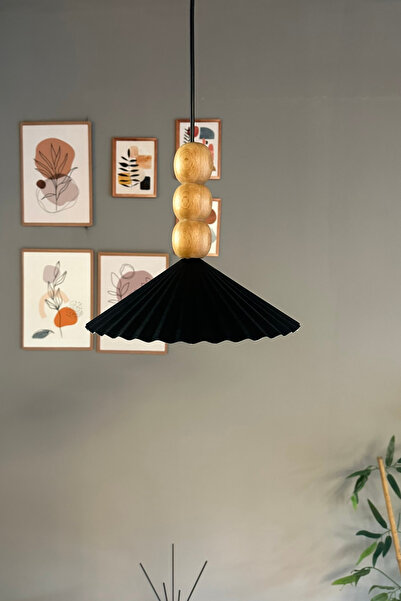 Bamyum Avilla Siyah Tekli Metal Avize Ahşap Üç Boncuk Rustik Cafe Mutfak Modern Dekoratif Sarkıt Aydınlatma