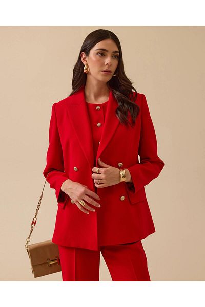 SEÇİL Women's Gold Button Detailed Double Breasted Blazer Jacket - Red