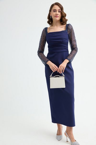 Lafaba Women's Navy Blue Heart Collar Sleeves Sequined Midi Promise Engagement Wedding Evening Dress