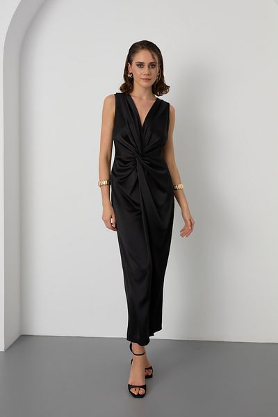 Lafaba Women's Black Knot Detailed Midi Satin Dress