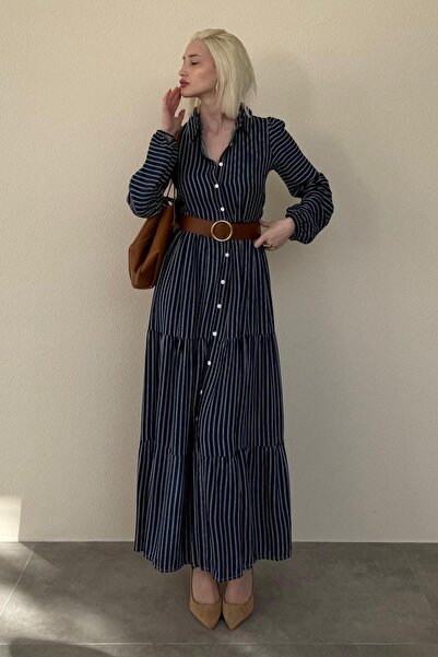 Madmext Lacivert Çizgili Düğmeli Uzun Elbse MG2392