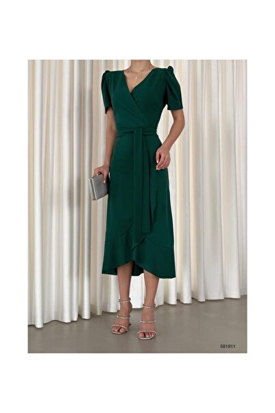 Kokosh moda Kadın Kuşak Detaylı Midi Boy Kruvaze Yaka Abiye Elbise