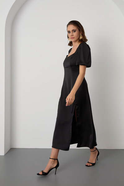 Lafaba Γυναικείο Μαύρο Μπαλόνι Σατέν Μίντι Φόρεμα με σχισμή