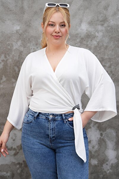 Siyezen Plus Size Bat Sleeve Double Breasted Blouse with Binding Detail