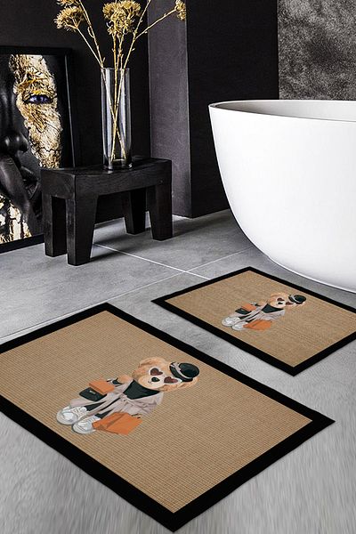 Evmila Teddy Bear Patterned Set of 2 Non-Slip Bath Mats