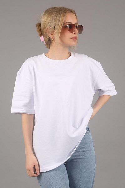 Madmext Bílé tričko Crew Neck Basic Oversize Mg1687