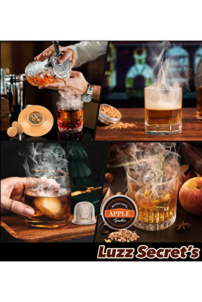 LUZZ SECRET'S Kokteyl & Viski Tütsüleme Set. 4 Farklı Tat. Doğal Ithal Ahşap Tütsü & Pürmüz Çakmak Hediyeli