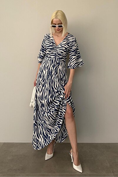 Madmext Lacivert Zebra Desenli V Yaka Yarım Kollu Elbise MG2394