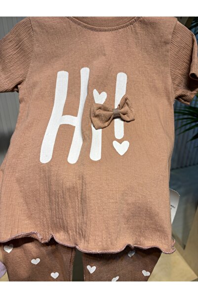 Canbi Kids Baby Girl Hi Printed Bow Detailed Cotton T-Shirt Heart Printed Tights Set of 2