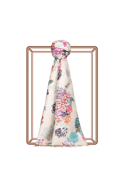 ipekevi Turquoise White Yalı Garden Patterned Silk Shawl