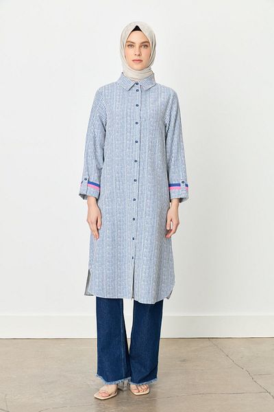 Nihan Shirt Collar Striped Tunic Indigo