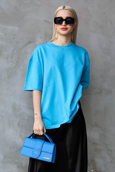 Madmext Modré tričko Crew Neck Basic Oversize Mg1687