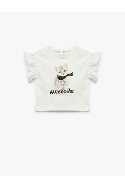 Koton Cat Printed Ruffled Short Sleeve Crew Neck Cotton T-Shirt