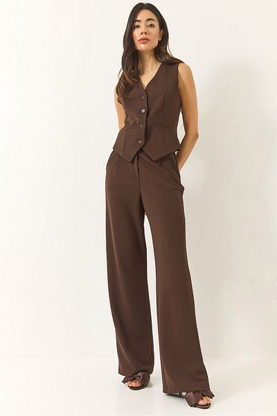 Bianco Lucci Women's High Waist Relaxed Palazzo Pants with Vest Knitted Bottom-Top Suit 9315 60281022