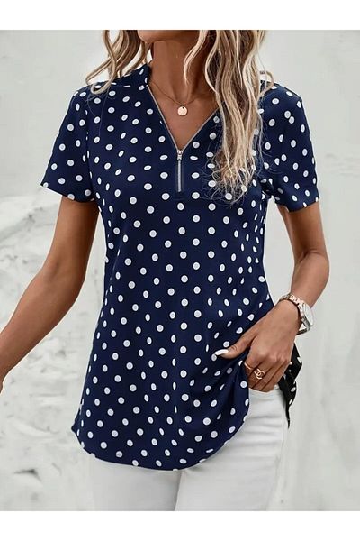 MODAVERA Women's Short Sleeve Collar Zipper Polka Dot Long Woven Viscose Blouse