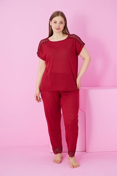 Siyah İnci Burgundy Soft Touch Thin Seasonal Oversize Large Size Lace Detailed Knitted Pajama Suit7867