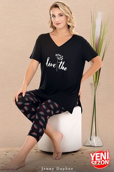 Jenny Daphne Țesătură din viscoză cu imprimeu floral capris decolteu în V cu mânecă scurtă set de pijamale capri relaxate 12081
