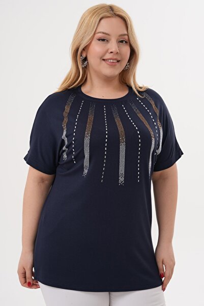 Siyezen Plus Size Blouse with Crystal Stone Detail on the Collar