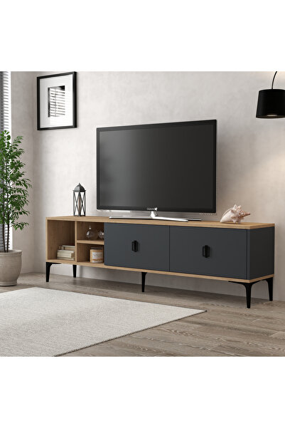 Evmo Home 3805 Era Tv Ünitesi 180 Cm 2 Kapaklı Raflı Sepet - Antrasit Tv Sehpası