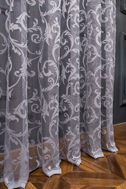farbateks Classic Shawl Pattern Gray Smoke Color Pattern Design 2 Layers Pleated Tulle Curtain