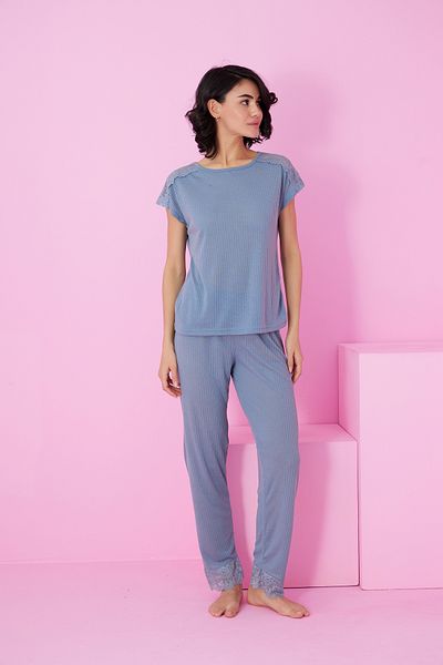 Siyah İnci Indigo Soft Touch Thin Seasonal Lace Detailed Knitted Pajama Set7864