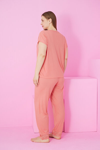 Siyah İnci somon Soft Touch İnce Mevsimlik Battal Büyük Beden Dantel Detaylı Örme Pijama Takım7867