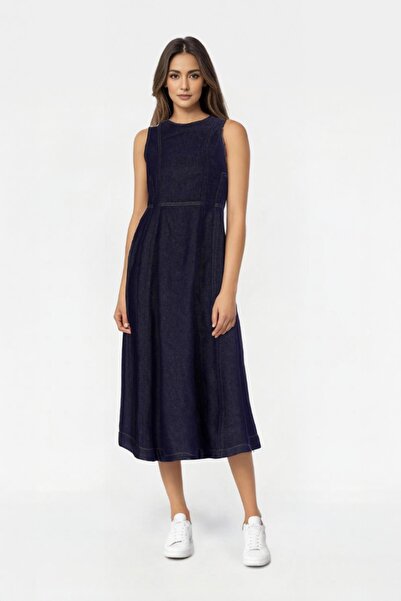 CROSS JEANS Koyu Mavi Kolsuz Kuplu Maxi Jean Elbise C 4676-068