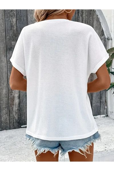 Kokosh moda Γυναικεία μπλούζα βάφλα με κοντό μανίκι με ανοιχτό γιακά μπροστά