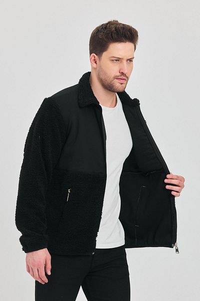 DAMGA JEANS Мъжко плюшено яке с пенирана кожа, черно