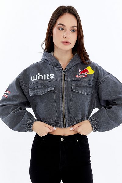 CHOS7N Women's Printed Hooded Denim Jacket Front Large Two Pockets Waist and Sleeve Elastic Bomber Coat Jacket
