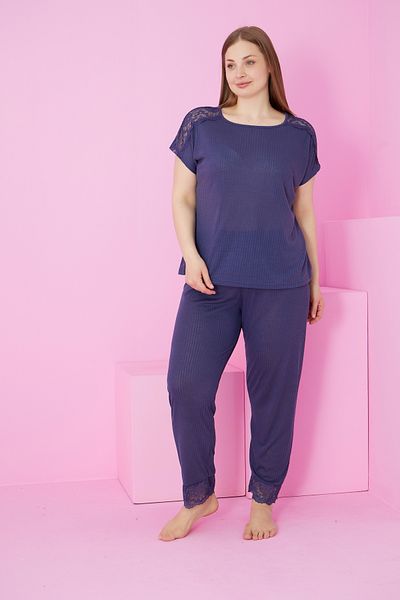 Siyah İnci Navy Blue Soft Touch Thin Seasonal Oversize Large Size Lace Detailed Knitted Pajama Suit7867