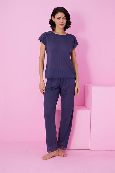 Siyah İnci Navy Blue Soft Touch Thin Seasonal Lace Detailed Knitted Pajama Suit7864