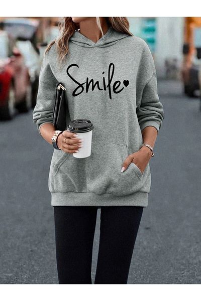 DUBU BUTİK Φούτερ με γκρι στάμπα Oversize Door