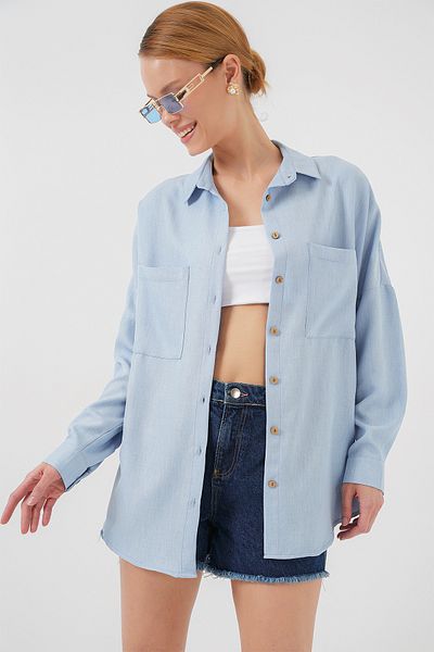 Bigdart 20126 Oversize Linen Shirt - Blue