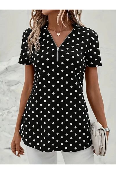 MODAVERA Women's Short Sleeve Collar Zipper Polka Dot Long Woven Viscose Blouse