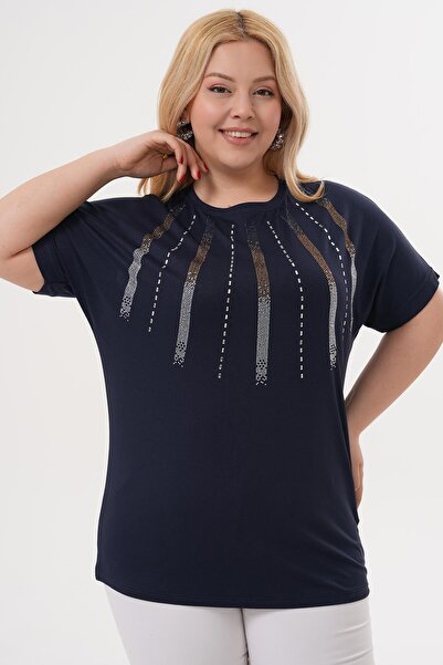Siyezen Plus Size Blouse with Crystal Stone Detail on the Collar