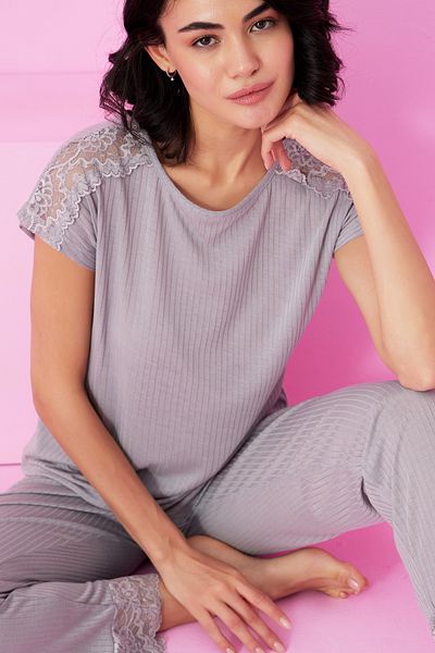 Siyah İnci Gray Soft Touch Thin Seasonal Lace Detailed Knitted Pajama Set7864