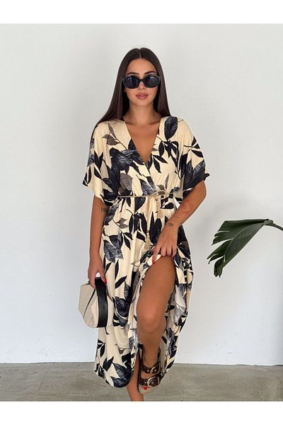 yepp Women's Double Breasted Collar, Leaf Patterned Viscose Summer Dress