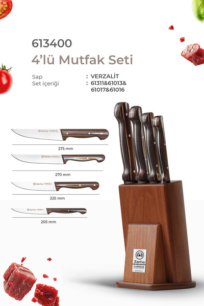 SÜRKARBİSA Zarha 4'lü Mutfak Bıçak Seti / Verzalit / Çelik / Sürmene Bıçağı