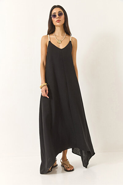 Bianco Lucci Dámské volné lněné šaty s asymetrickým lemem ze síťoviny 5937 60281018