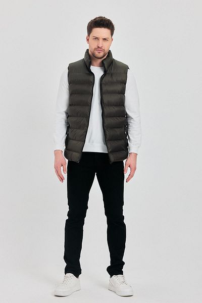 DAMGA JEANS Men's Zippered High-Rise Basic Puffer Vest Khaki