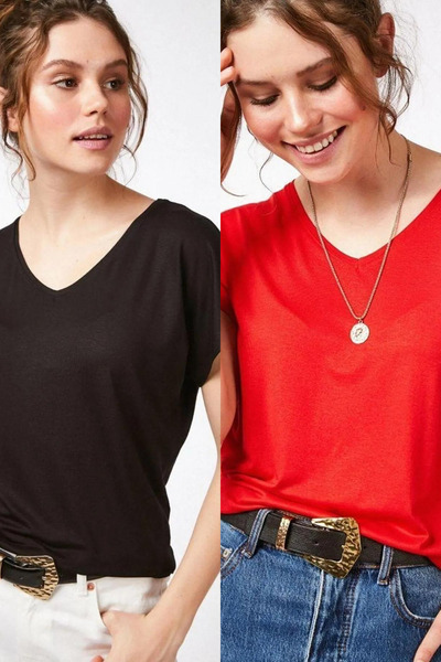 Devinka Γυναικείο Μαύρο-Κόκκινο 2 Πακέτο Basic Πλεκτό T-shirt