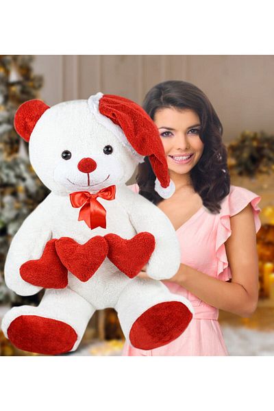 Özgüner Oyuncak 90 cm Three Hearts Plush Teddy Bear with Christmas Hat New Year, Christmas Gift