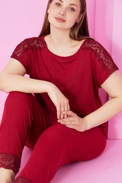 Siyah İnci Burgundy Soft Touch Thin Seasonal Oversize Large Size Lace Detailed Knitted Pajama Suit7867