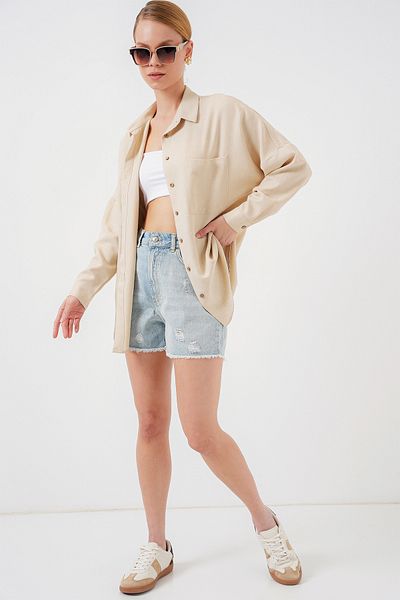 Bigdart Μπεζ Oversize Λινό Πουκάμισο